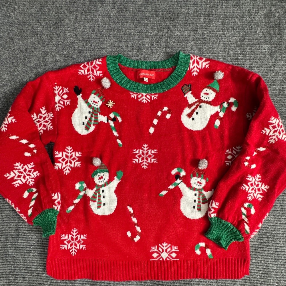 Blizzard Bay Womens M Ugly Christmas Sweater Snowman Pom Pom Metallic Red